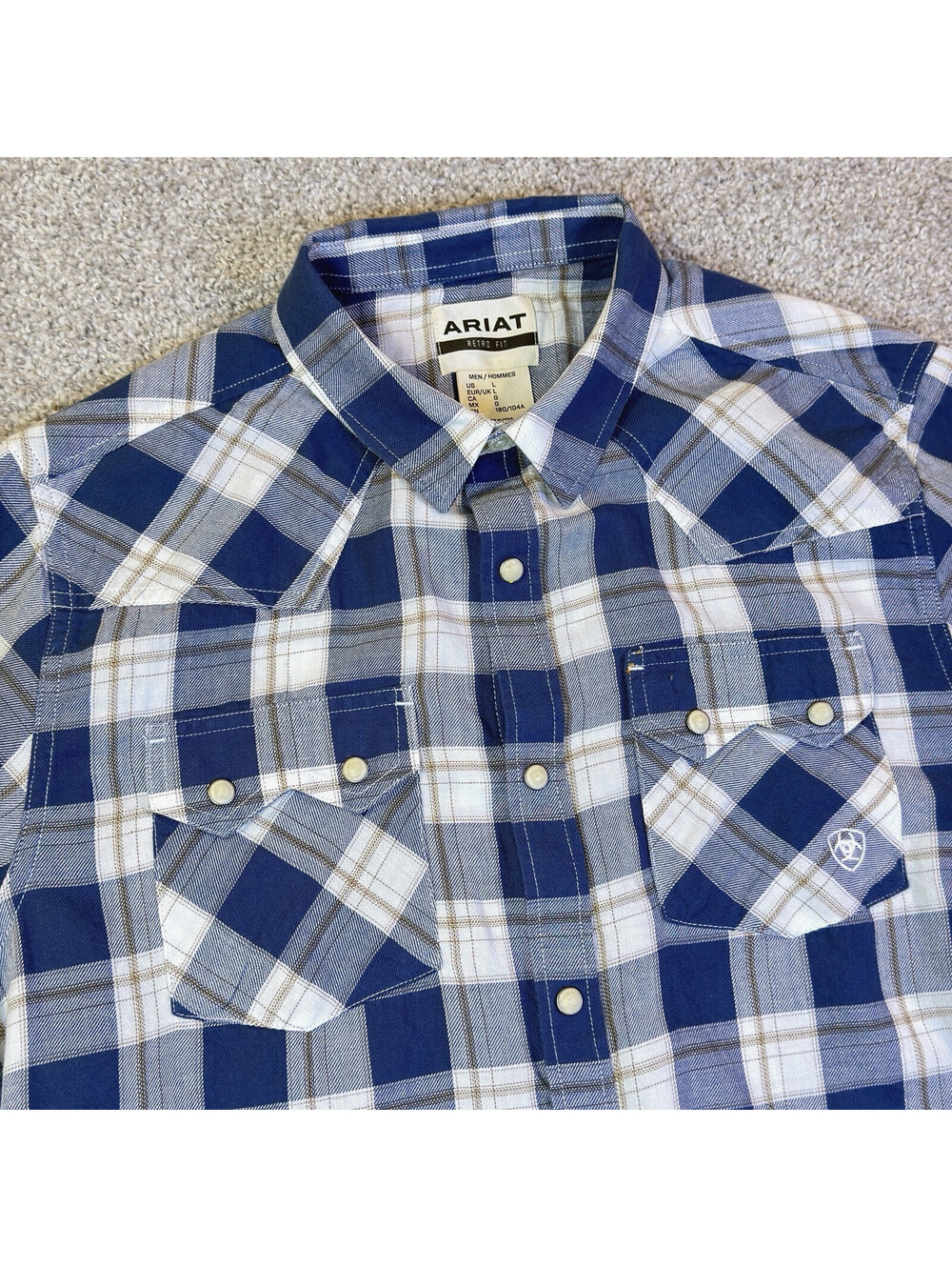 Ariat Hummer Retro Fit Shirt Mens L Pearl Snap Cotton Western Cowboy  Blue Plaid